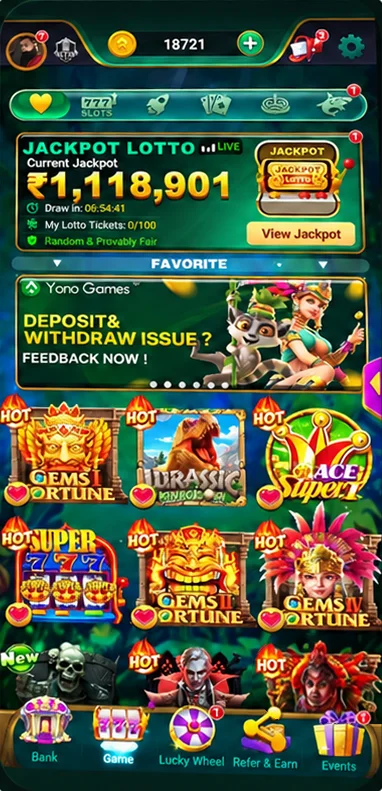 Yono Games app lobby with the Jackpot Lotto banner, hot slot games and the bottom menu